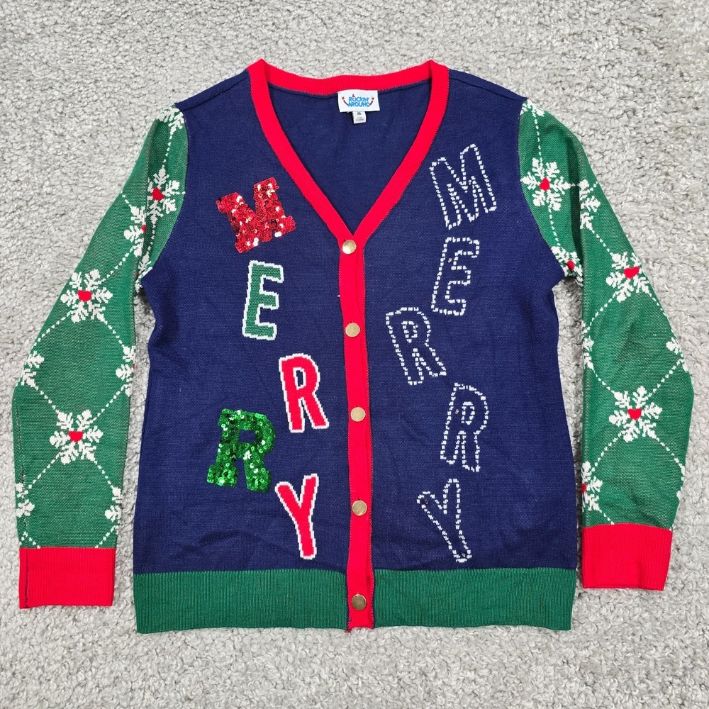Rockin Around Merry Christmas Cardigan Womens Medium Blue Green Sequin Party